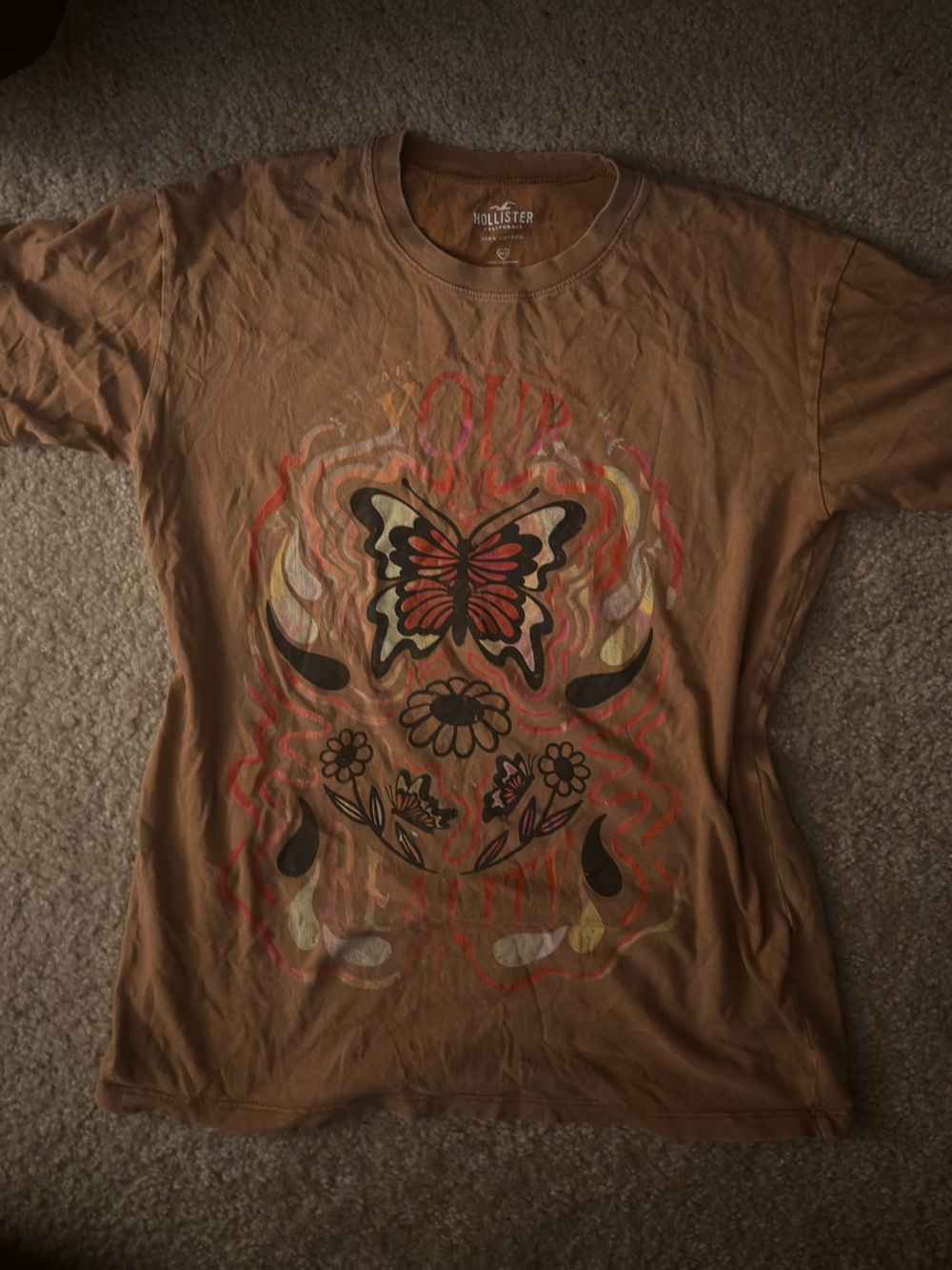 Hollister Brown Short Sleeve Tee with Multicolor Butterfly Graphic